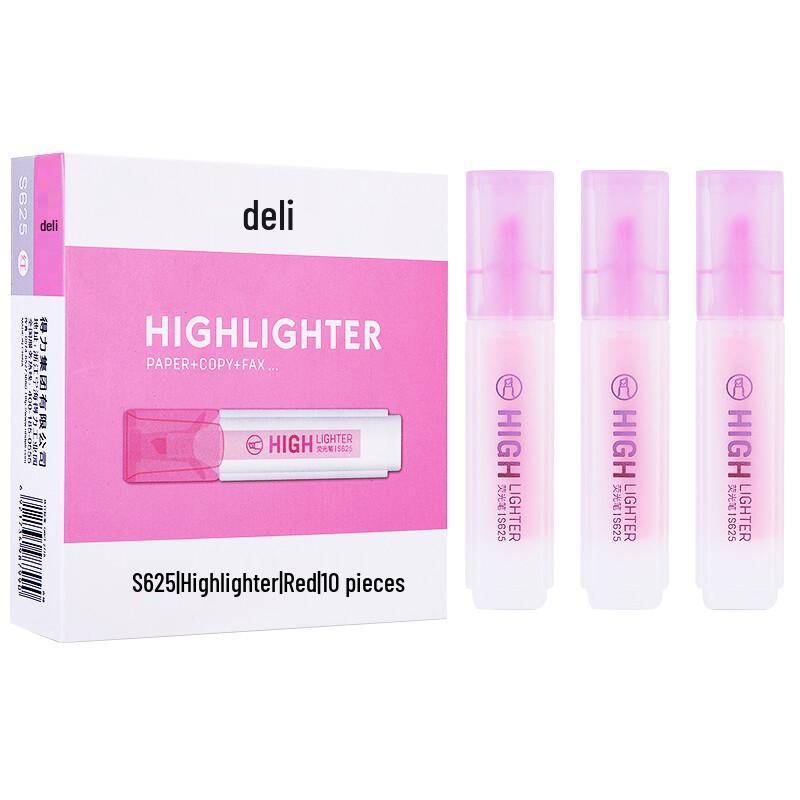 Deli S625 Fluorescent Red Highlighters (10-Pack)