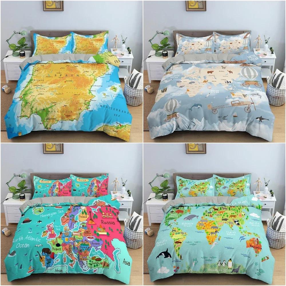 Map Pattern Bedding Set Luxury Cozy Duvet Cover Set For Bedroom Decor King Queen Full Quilt Cover Pillowcase Bedclothes 2/3Pcs