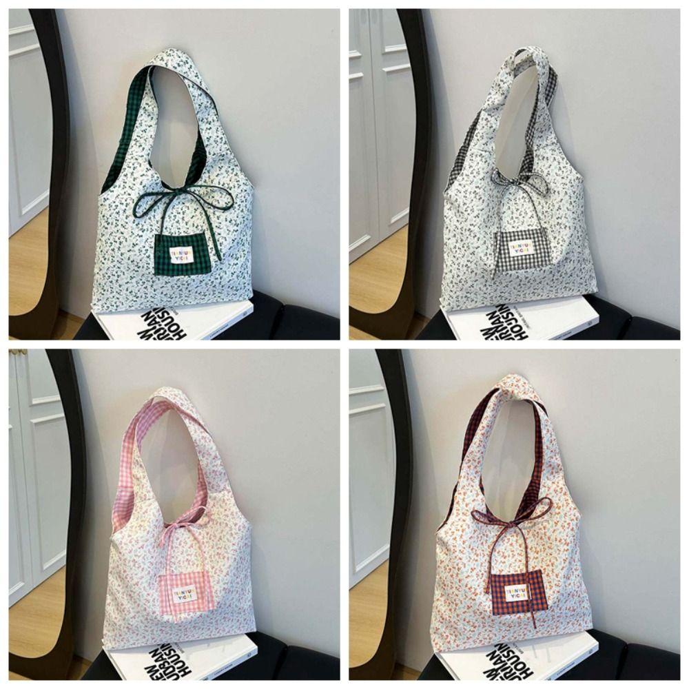 Contrast Color Double-sided Shoulder Pouch Lattice Tote Bag Casual Plaid Cloth Vest Pouch  Storage