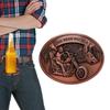 Oval Metal Belt Buckle Featuring Motorcycle Rider and Animal Head Design with Raised Detailing and Textured Background Suitable for Leather Belts