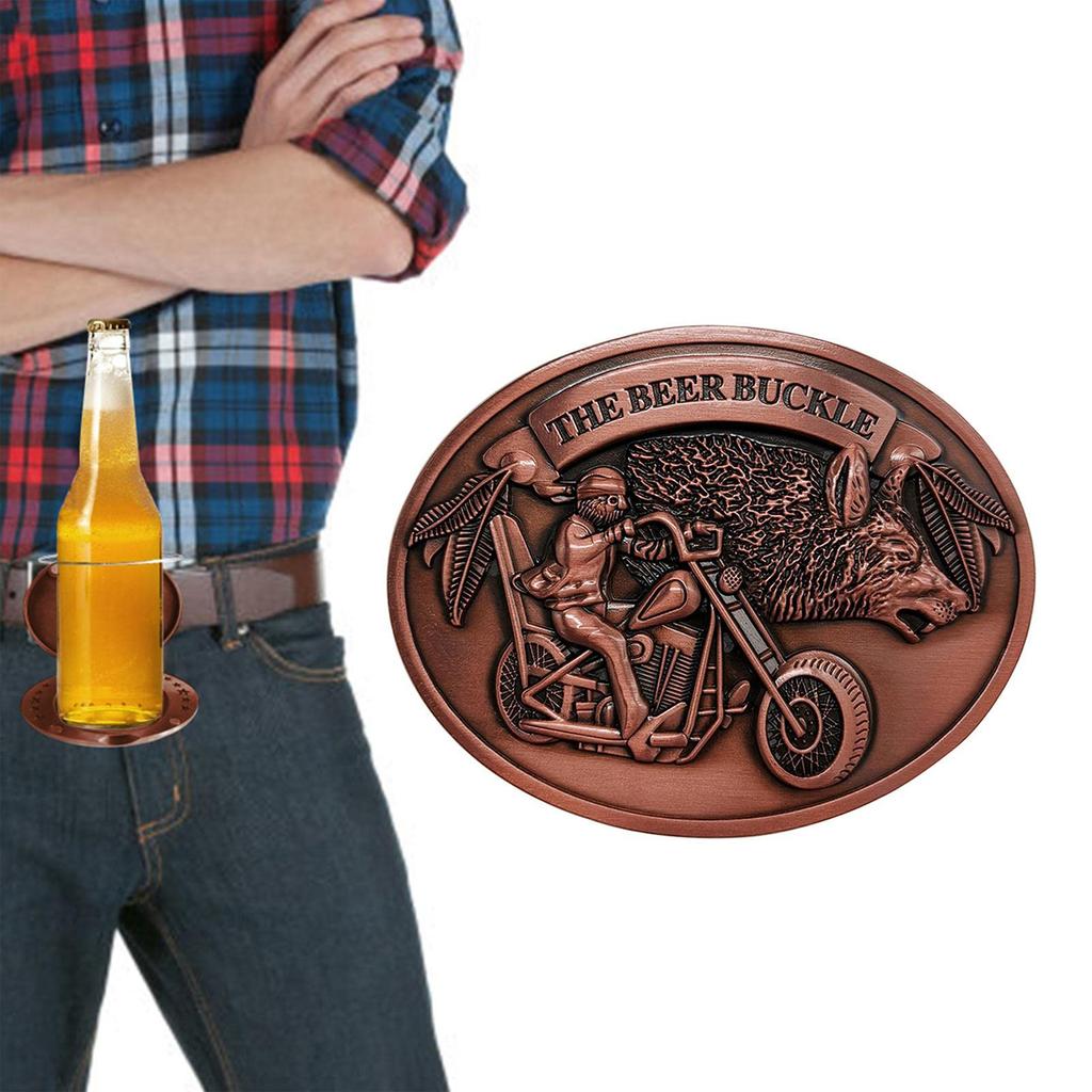 Oval Metal Belt Buckle Featuring Motorcycle Rider and Animal Head Design with Raised Detailing and Textured Background Suitable for Leather Belts