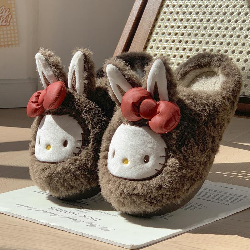 New Cute Rabbit-eared Cat Bow Plush Slippers Winter Indoor Household Plush Warm Non-slip Cotton Slippers