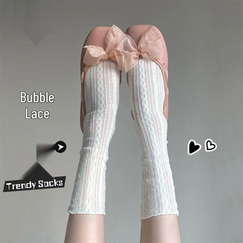 Women's White Lace Mesh Knee-High Socks - Summer Thin, Striped, Mid-Calf, Japanese Style