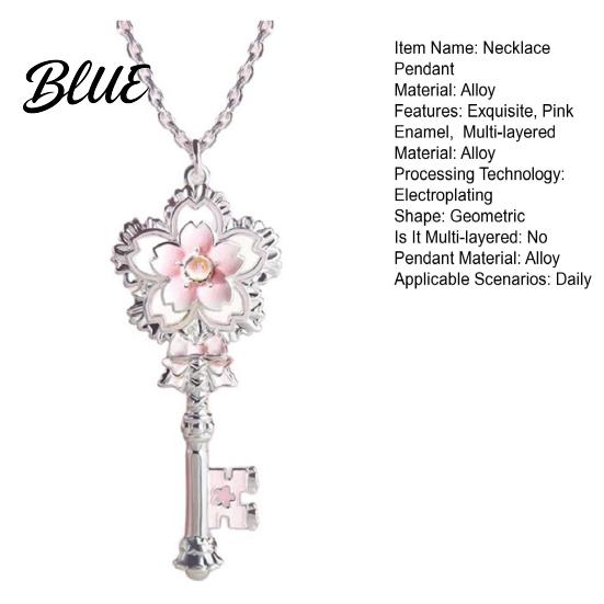 Key Pendant Necklace Cherry Blossom Pink Enamel Alloy Choker Romantic