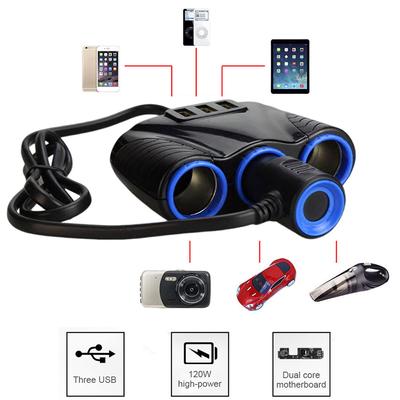 12V-24V Car Cigarette Lighter Adapter 3 USB Port Cigarette Lighter Extension Splitter Power Socket 3.1A 120W for Auto Vehicle