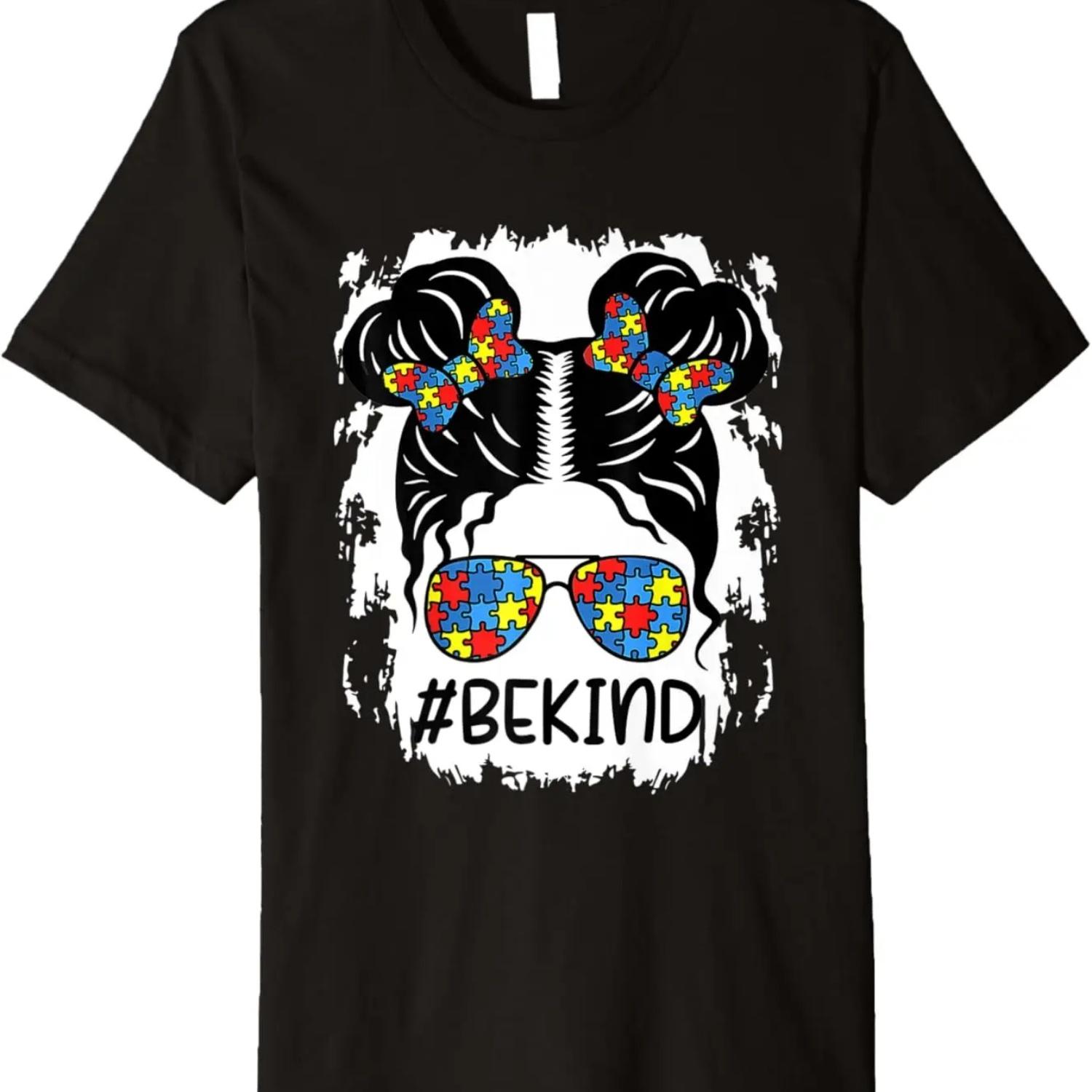 Be Kind Messy Bun Girls Kids Autism Awareness Kindness Month Premium T-Shirt S чёрный
