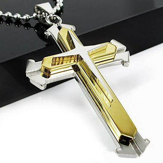 Trendy Men's Multi-Color 3-Layer Cross Necklace with Dog Tag Pendant