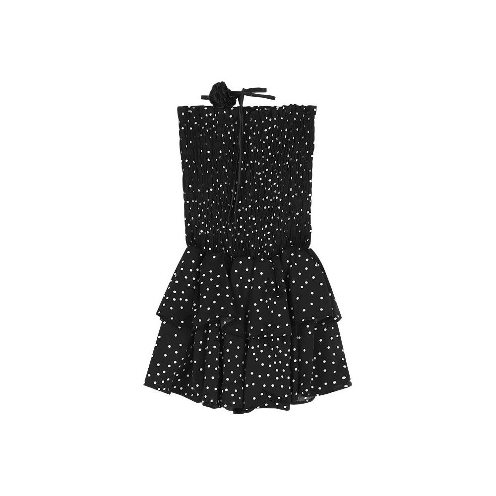 Women's Strapless Polka Dot Non-Slip Puffy Dress - Little Black Summer Dress with Waist-Cinching Design