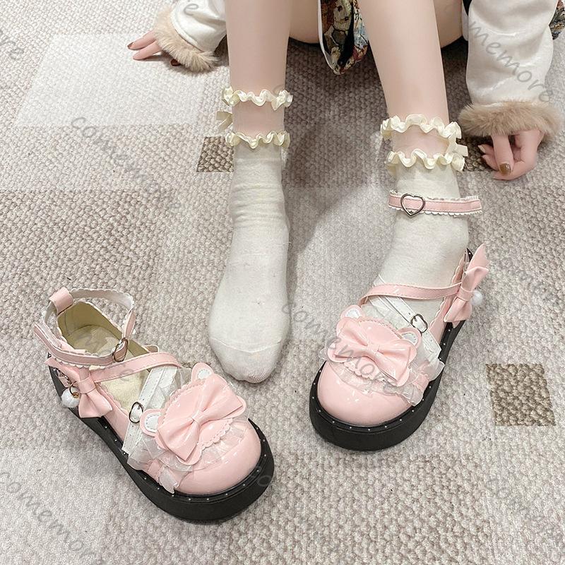 Comemore Sweet Girls Lolita Flat Platform Female Students Lace Bowknots Cute New Buckle Casual Girls Mary Janes  Shoes