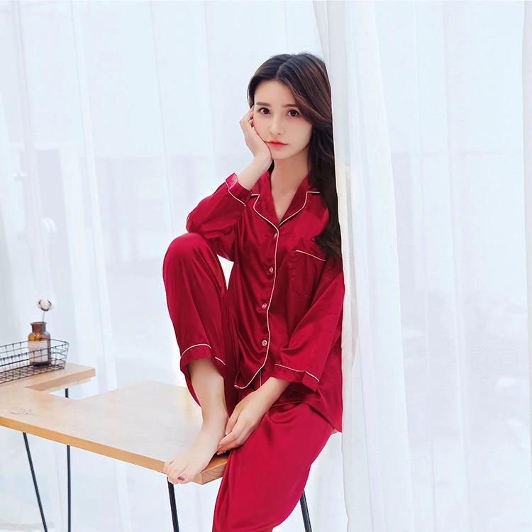 Han Yatong Silk Couple Pajamas Set: Autumn Long Sleeve Cardigan Homewear