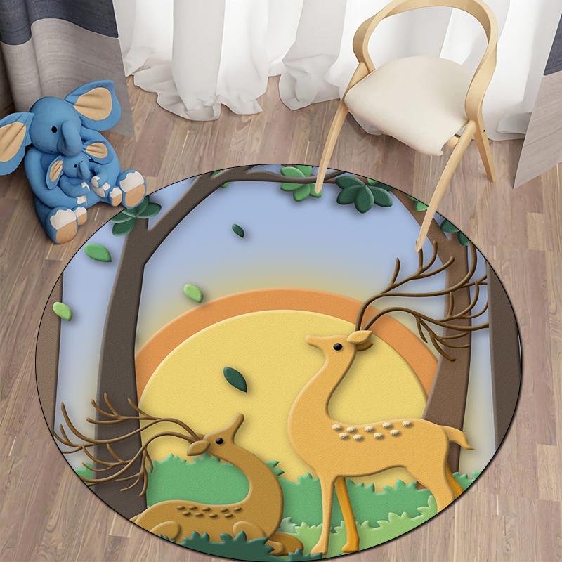 Floor Mat Living Room Rug Children's Crawling Play Area Mat Anime Carpet Door Mat Forest Fawn Round Rug
