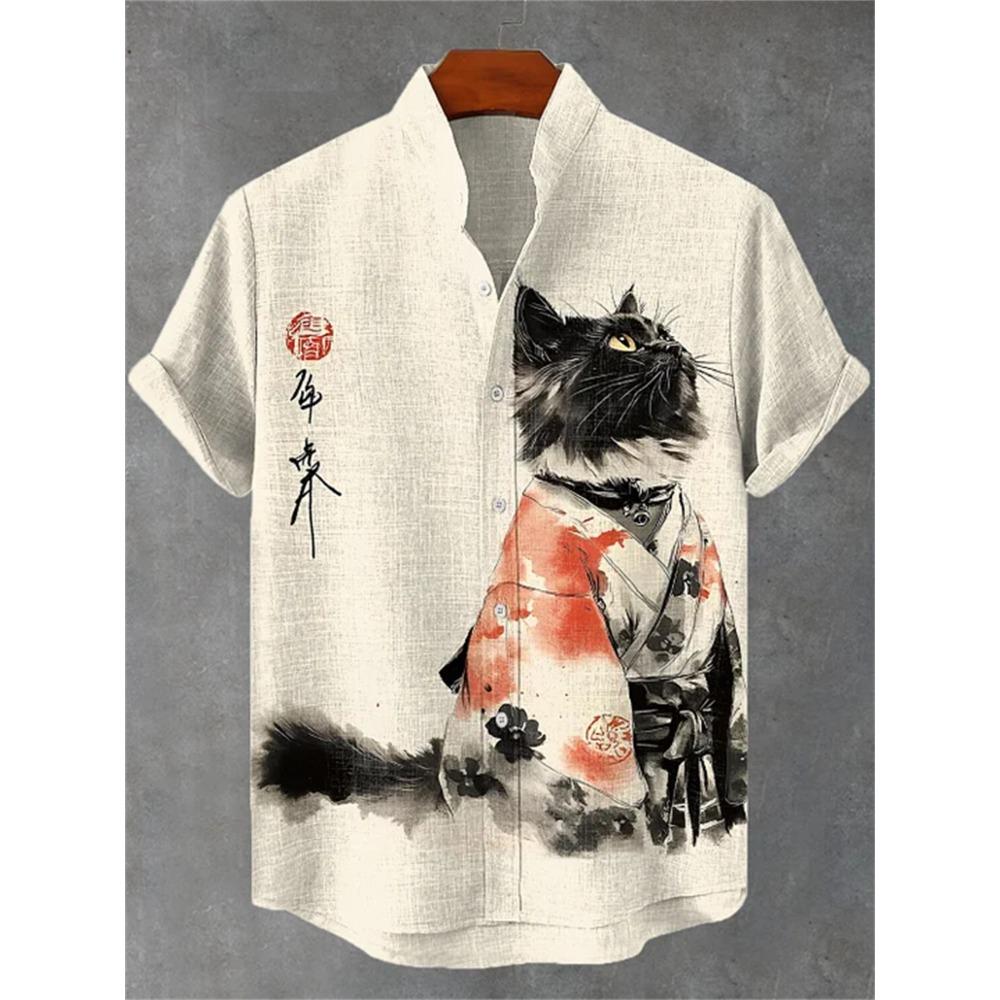 Men's Short-sleeved Shirt with Cat and Dinosaur Print, Casual and Stylish Vacation-style Men's Top, Fashionable Hawaiian Design.