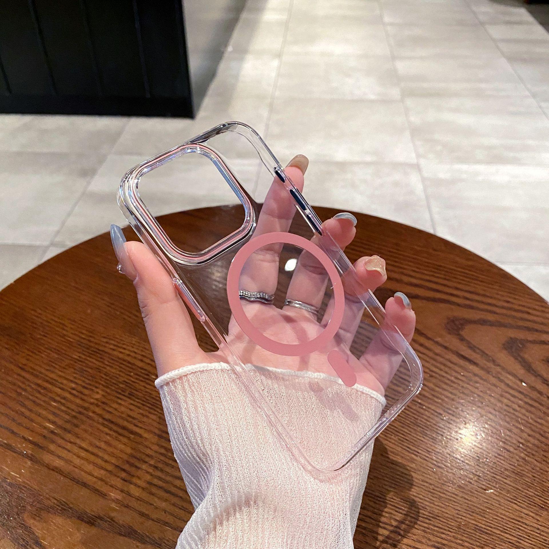 

Подходит для iPhone16 Высокопрозрачный ПК Не желтеющий Чехол для телефона Apple 14promax Цвет Магнитный 15 Металлические кнопки Apple 12Promax розовый