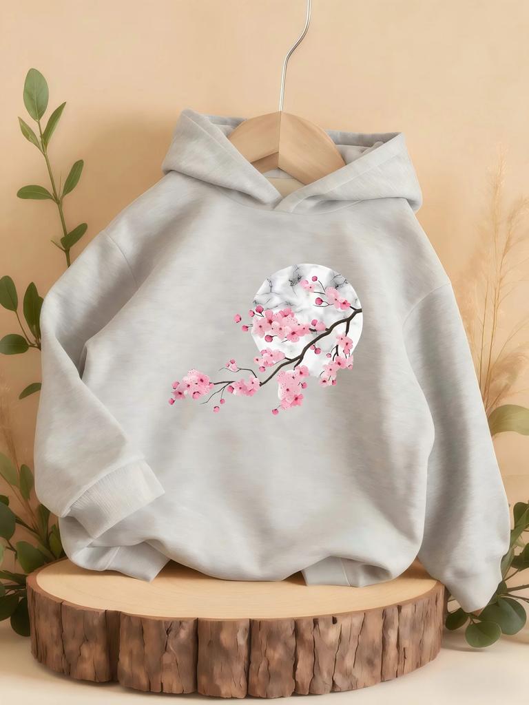 New Autumn/winter Children's Sports Hooded Sweatshirt with Japanese Cherry Blossom Pattern, Warm, Casual, Sporty, and Stylish.