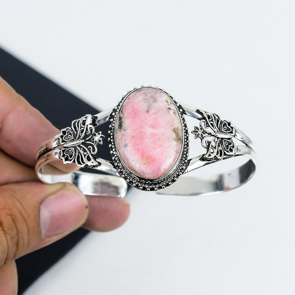 Natural Rhodonite Gemstone Handmade 925 Sterling Silver Cuff Bangle, Rhodonite Bangle,For Wife, Unisex Bangle, Gifts For Party Wear