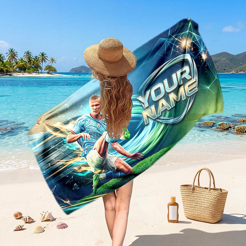 Erling Haaland Benutzerdefiniertes Strandtuch, Personalisierter Namens-Textdruck, Fußball-Logo Weiches Schnelltrocknendes Handtuch Urlaubsgeschenk