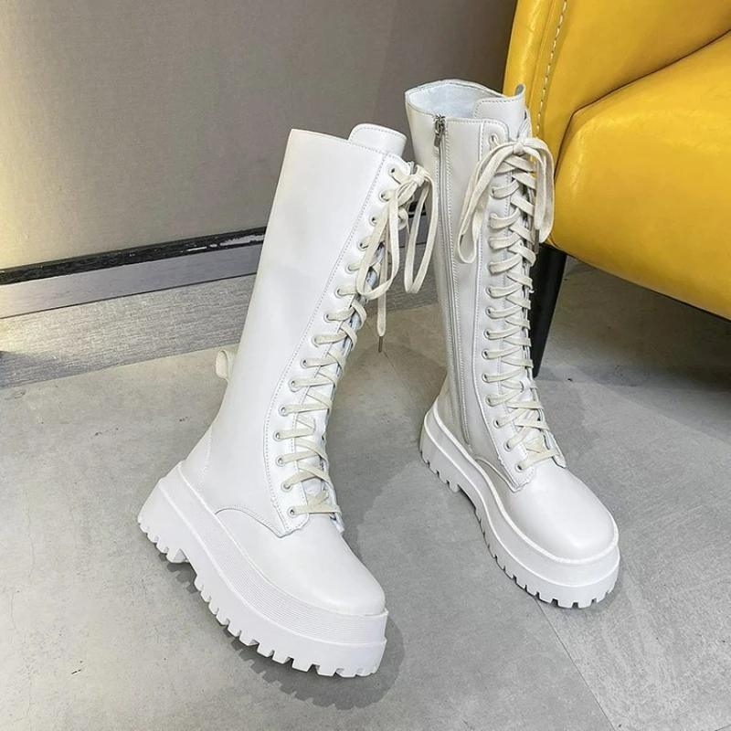 Women Motorcycle Boots PU Leather Boots Wedges Flat Shoes High Heel Zipper Black Long Boot Platform Lace Up Women's Boots 2026
