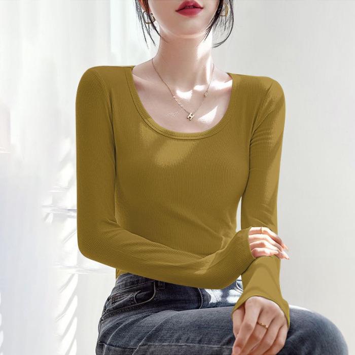 2025 Women's Slim Fit Black Long Sleeve Top: Versatile Low Neck Base Layer for Spring and Autumn