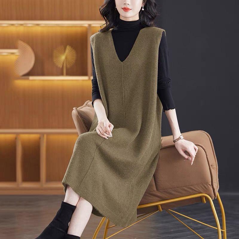 

Сукня великого розміру з довгим рукавом з в язаної вовни з вирізом у формі серця - Приталена та стильна для весни та осені One Size верблюд/жовтий