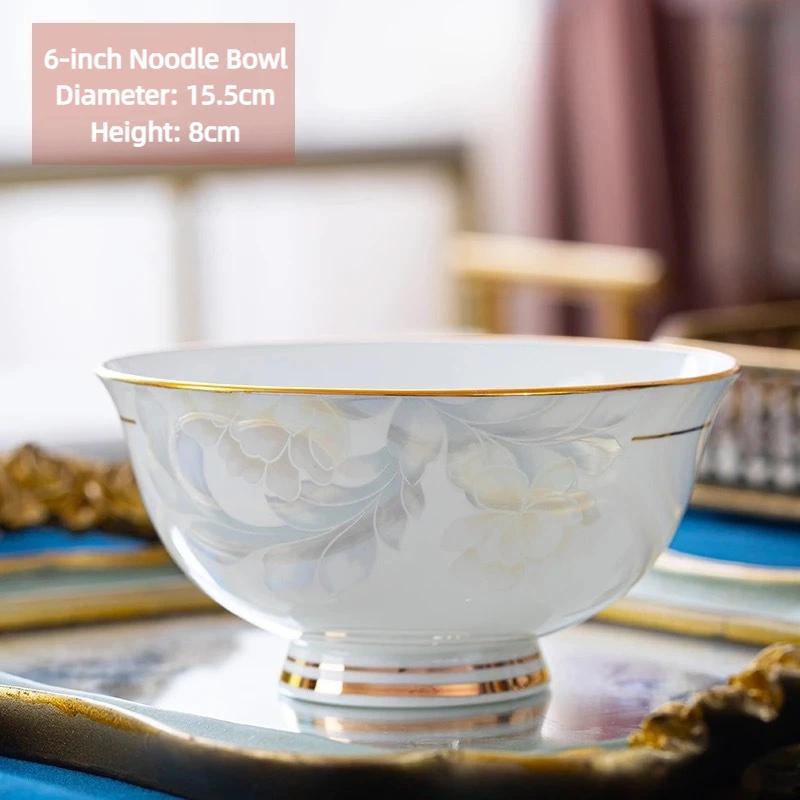 Jingdezhen Bone China Noodle Bowl – 6 Inch Heat-Resistant Footed Porcelain Bowl