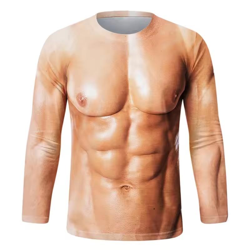 Funny Fake Muscle Graphic T Shirt Men's Long Sleeve T-Shirt Sports 3D Printed Tshirt Casual Spring Running Tees Tops