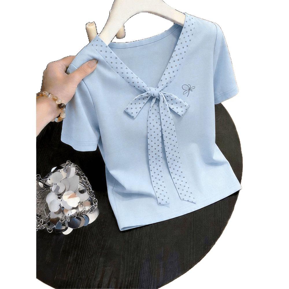 Korean polka dot v-neck short front shoulder short-sleeved t-shirt women's summer new design slim-fit small top trend