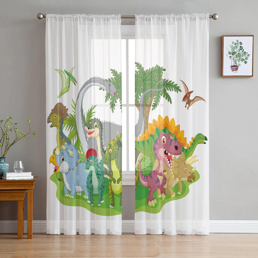Animated Cartoon Dinosaur Character Soft Tulle Curtains for Living Room Printed Design Transparent Transparent Fabric Curtain Bedroom Window