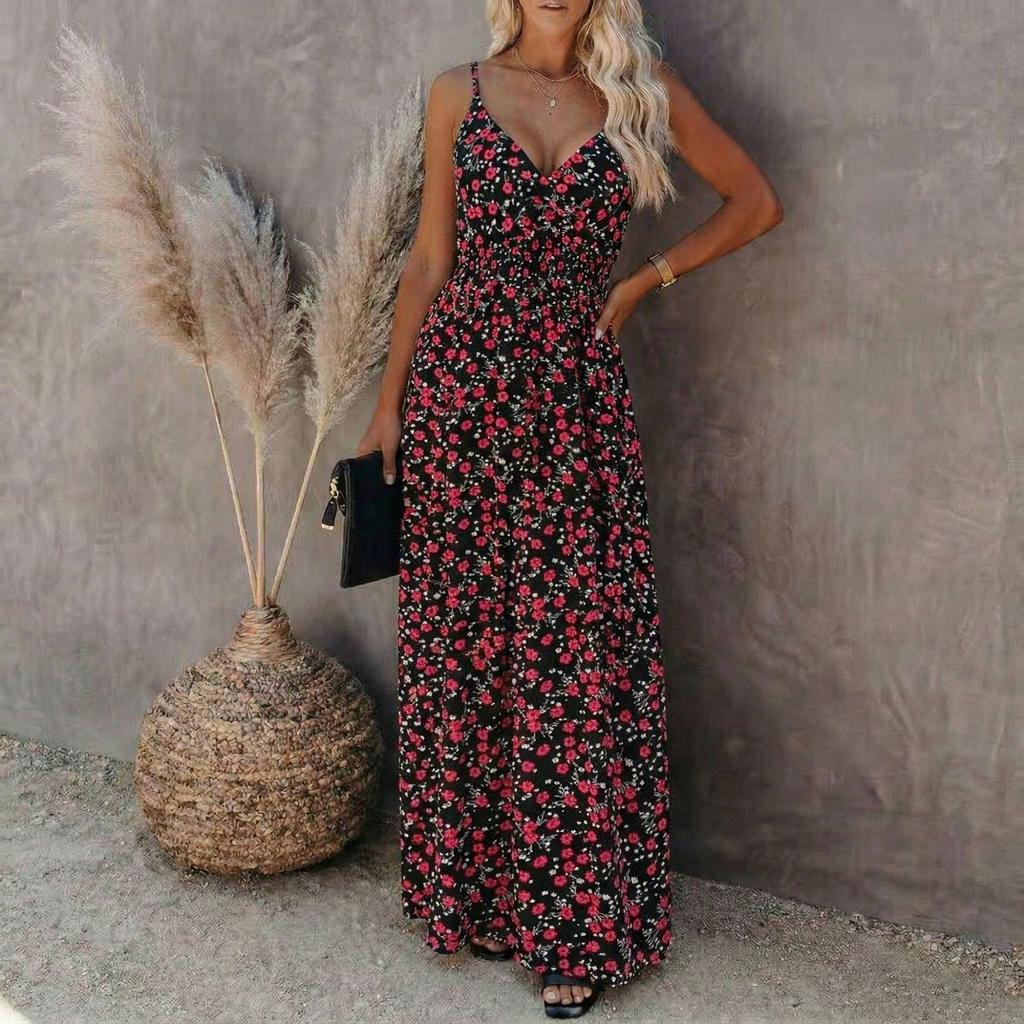 Women’s Floral Print Maxi Dress Sleeveless V Neck Adjustable Spaghetti Strap Long Summer Dress Casual Loose Fit Beachwear