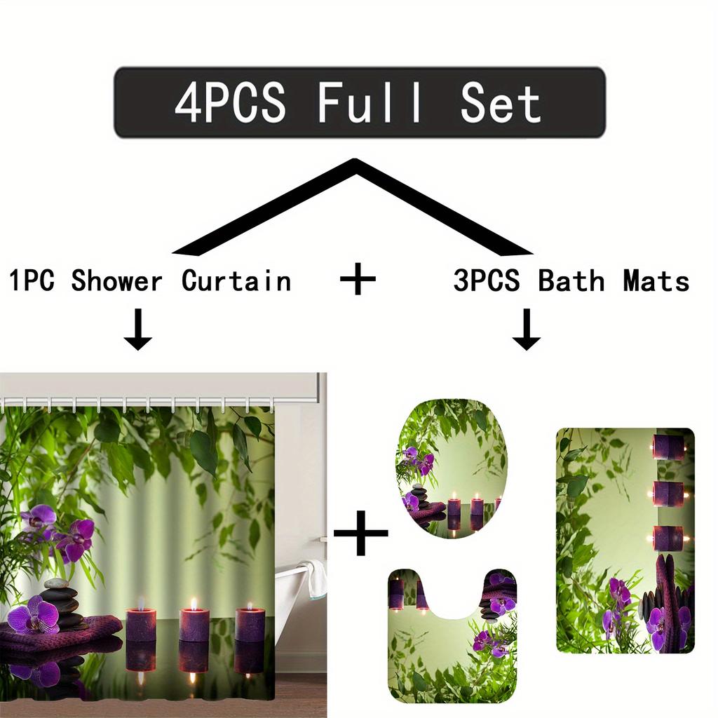4Pcs Spa Orchids Blooms Treatment Shower Curtain Sets for Bathroom Non-Slip Bathroom Rugs Lid Toilet Cover Bath Mat
