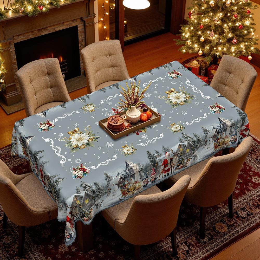 Christmas Round And Square Table Cloth, Gray-Blue Santa Reindeer Snow Castle, Table Decorative Cloth