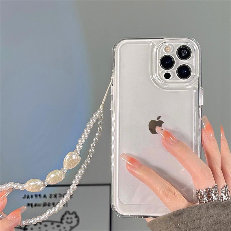 Korean Cute Pearl Love Heart Chain Clear Case For Iphone 14 13 12 11 Pro Xs Max X Xr 7 8 Plus Se 3 Jelly Shockproof Soft Cover