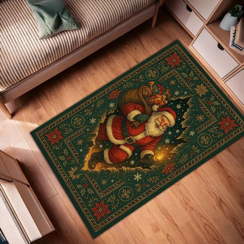 Santa Claus and Reindeer Christmas Carpet Santa Claus Christmas Carpet Retro Festival Fashionable Retro Christmas Non Slip Mat