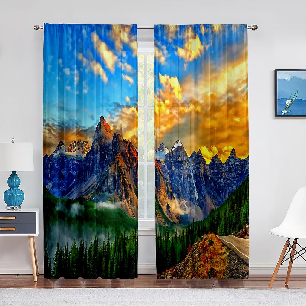 Autumn Mountains Forest Rivers Landscape Tulle Curtains for Living Room Decoration Chiffon Sheer Voile Kitchen Bedroom Curtain