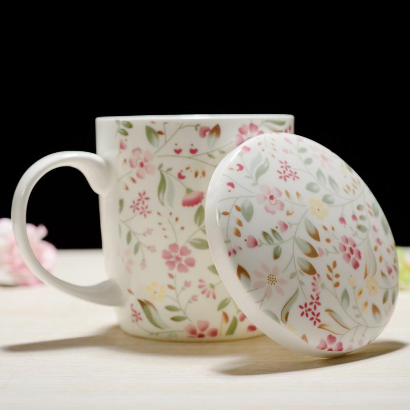 350ML, real bone china coffee cup, floral design, porcelain original breakfast cups, ceramic cups and mugs with lid, cute mug