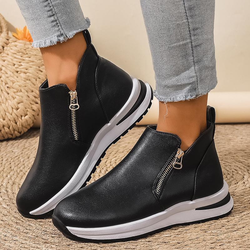 Fashion Black PU Leather Platform Sneakers for Women Fashion Double Zipper High Top Sports Shoes Woman Thick Sole Non Slip Short Boots