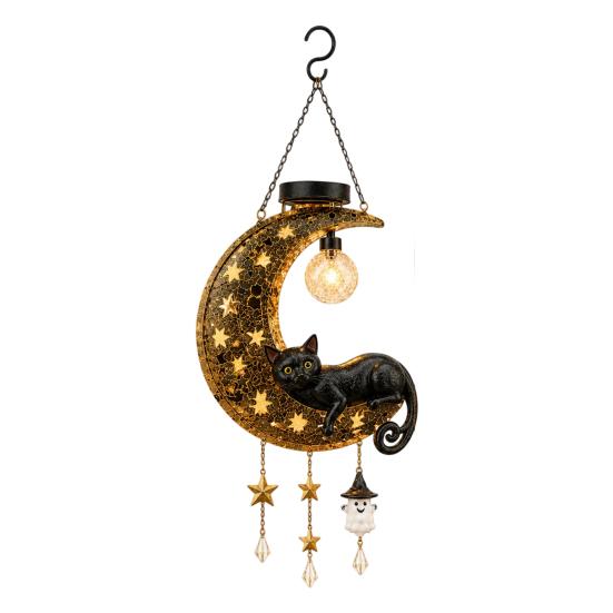 Waterproof Solar Powered Path Light Halloween Hanging Moon Cat Lamp with Ghost Star Charm, Black On Crescent Whimsical Sculpture for Garden Wind Chime