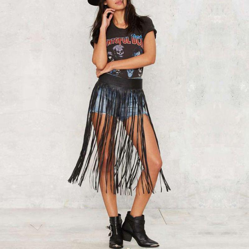 Womens High Waist Faux Leather Tassels Skirt Body Harness Punk Party Clubwear Charm Center Confident Dance