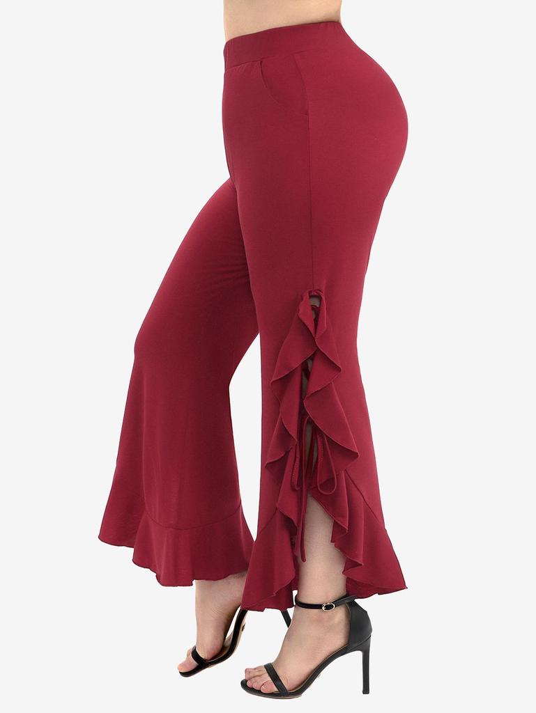 Rosegal Plus Size Side Lace Up Braided Flounce Hem Pockets Solid Bootcut Pants