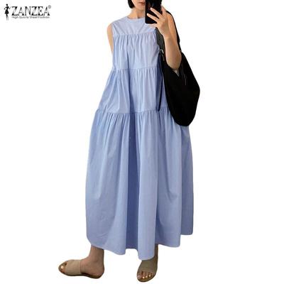 Vestido Casual Feminino de Verão Sem Mangas com Decote Redondo