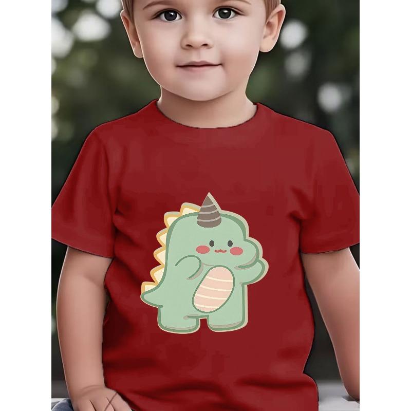 European Sizes Boys' Short-Sleeve T-Shirt with Cute Cartoon Dinosaur Print, Light Green, Round Neck, Adorable Small Horns