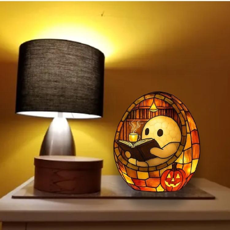 Halloween Ghostly Reading Book Statue With Warm LED Glows Resins Craft USB Desktop Light For Living Room Bedroom Decors
