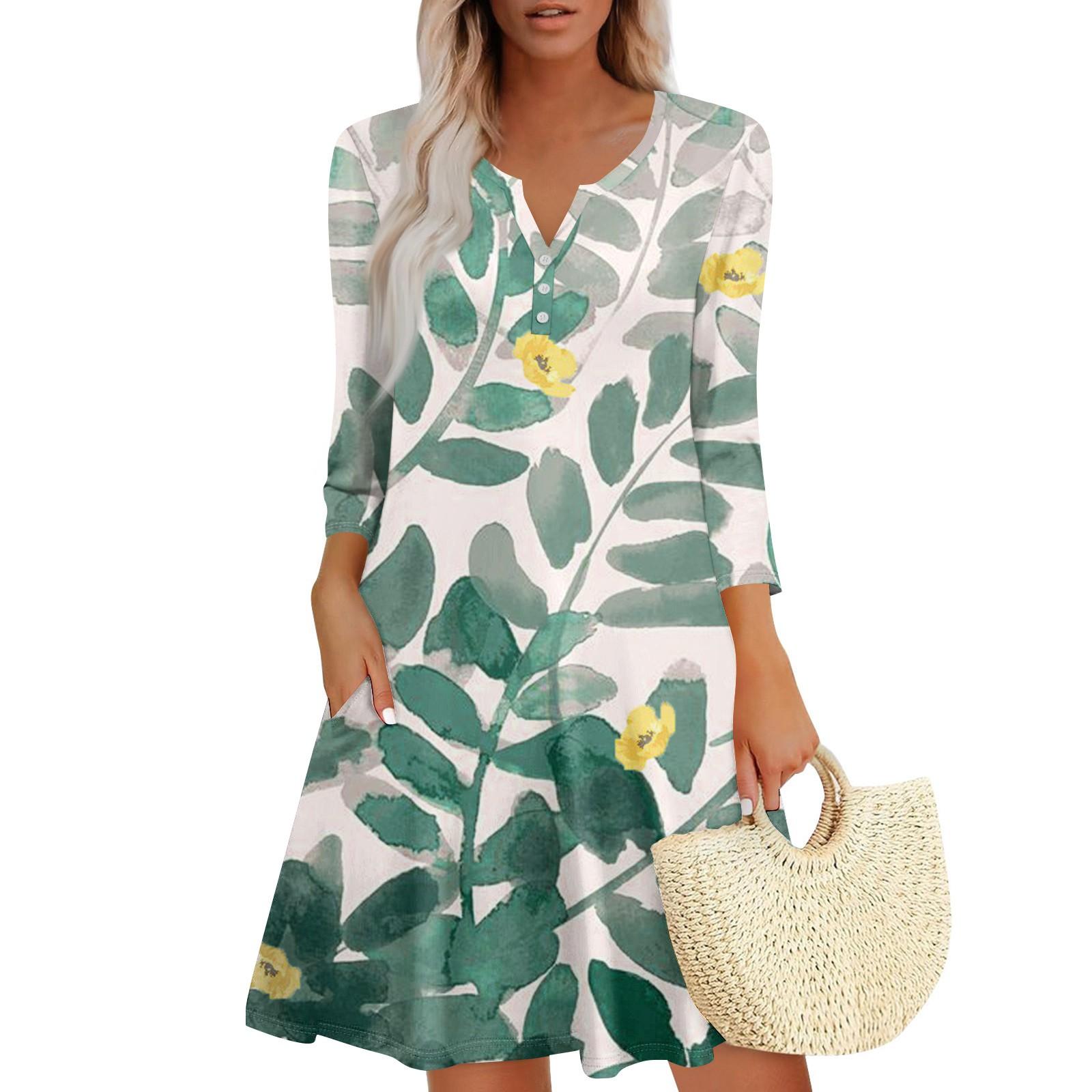 

Женское летнее платье, свободное платье с V-образным вырезом, рукавом три четверти и карманами S зелёный