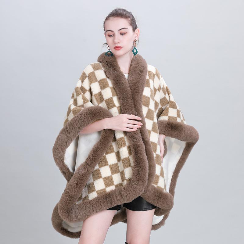 Fashion Scarf Shawl Thickened Plaid Fur Collar Cape Shawl 0982 #