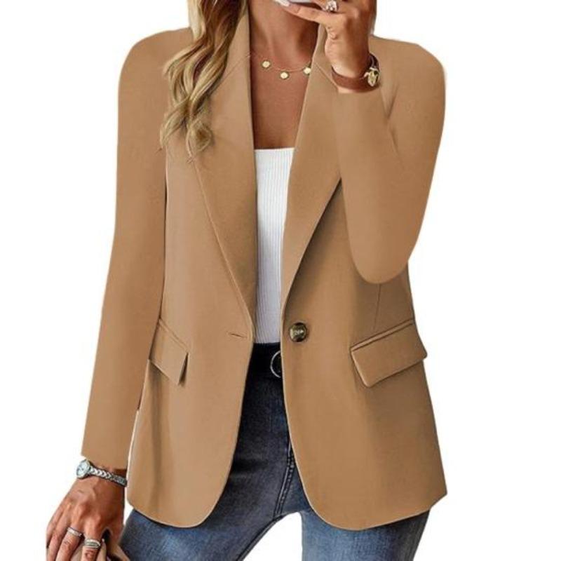 Women Suit Coat Lapel Long Sleeve Single Button Suit Jacket with Flap Pockets Solid Color Work Office Business Outerwear