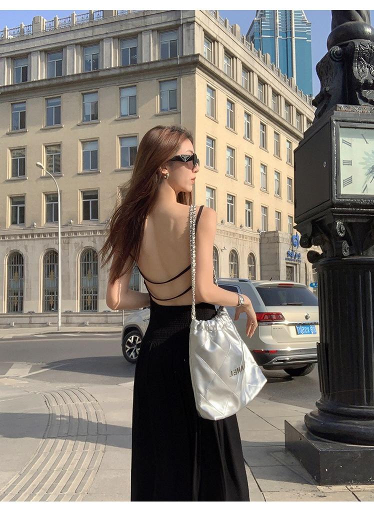Super fairy design sense film travel vacation with chest pad suspender skirt women's vacation style sexy slim backless dress