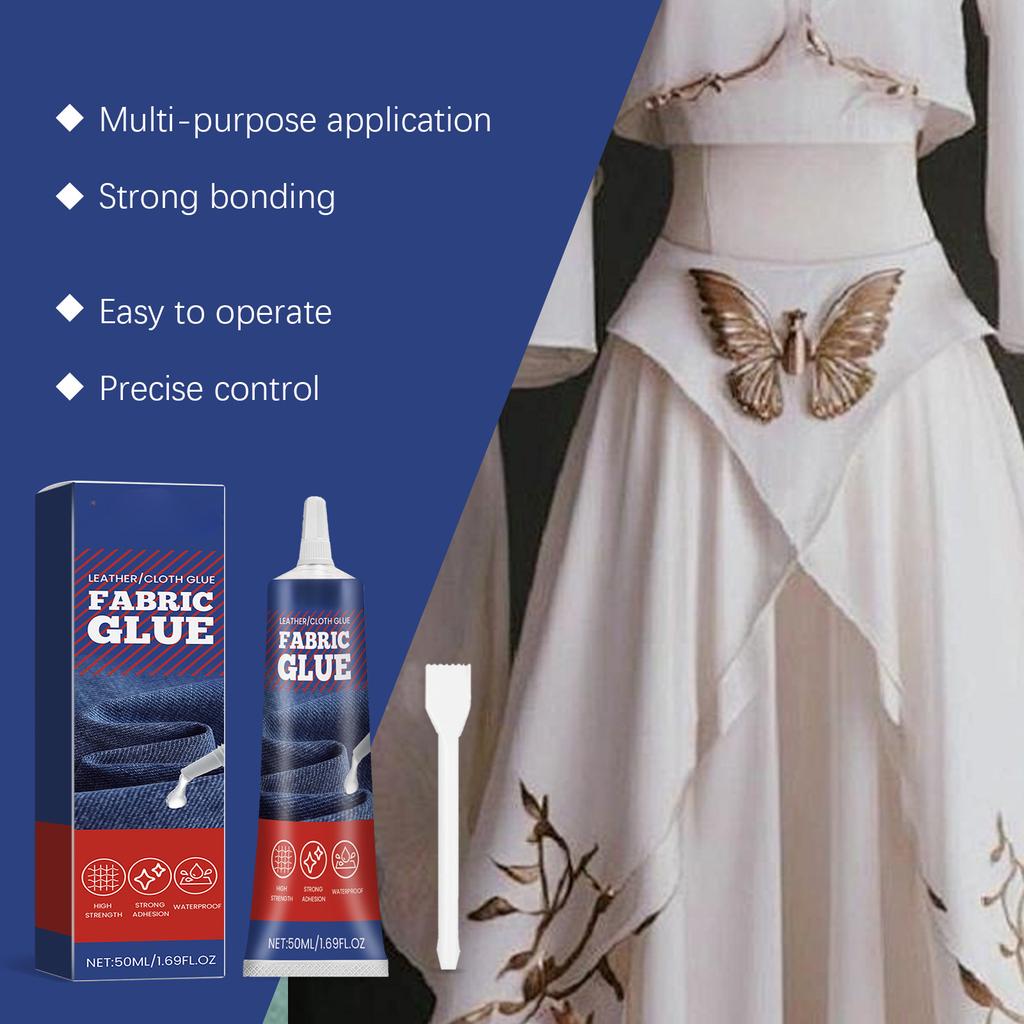 50ml Colla Multiuso per Tessuti in Pelle Stoffa Tessuti con Applicatore di Precisione e Strumento Spargitore per Forte Aderenza Incollaggio Impermeabile Riparazioni