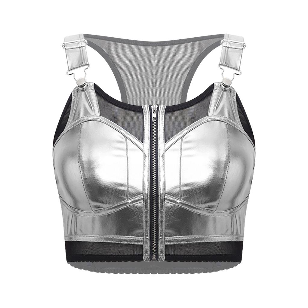 Dames Punk Stijl Crop Tanktop Metaalachtig Glanzend Doorzichtig Mesh Patchwork Verstelbare Bandjes Rits aan de Voorkant Cutout Vest