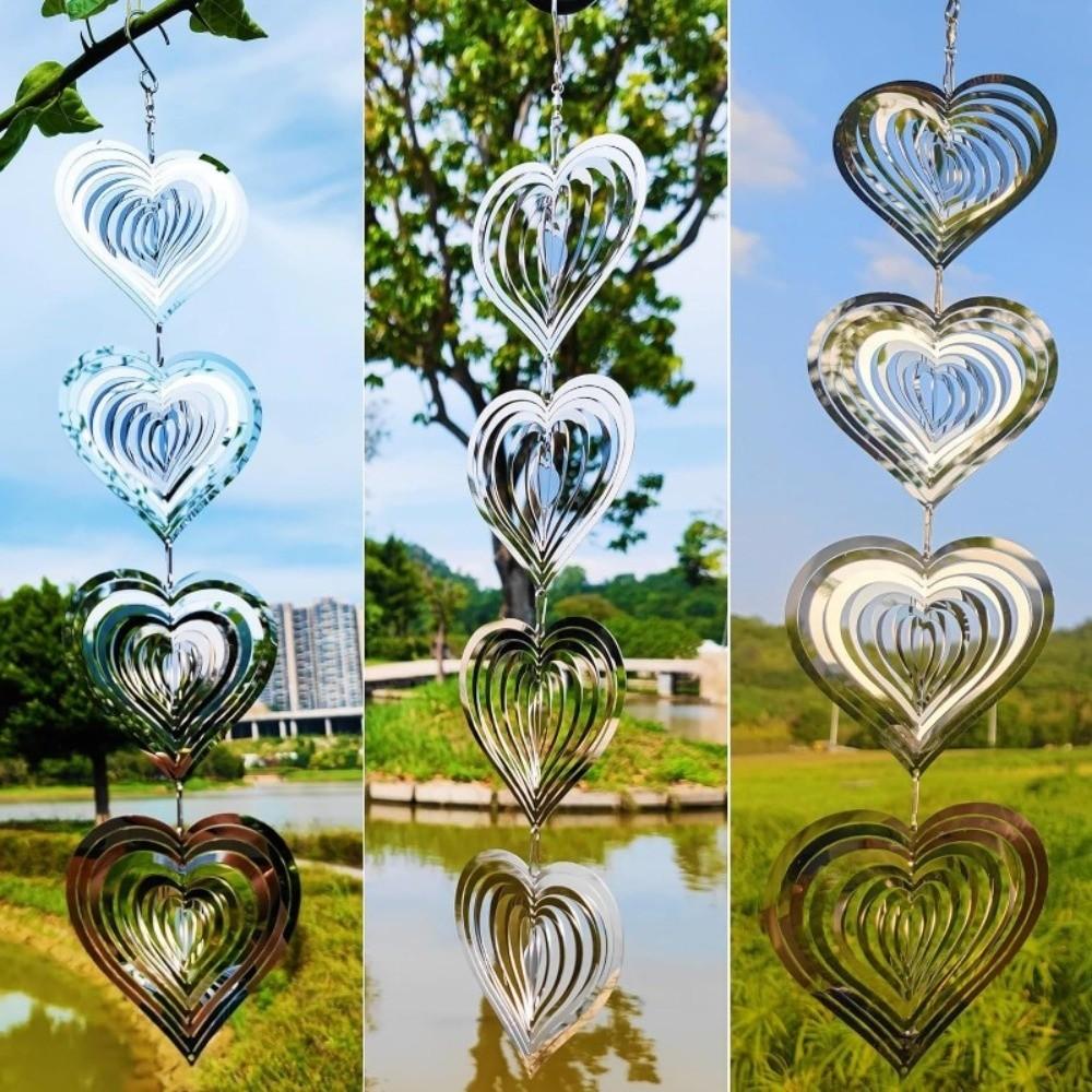Reflective Surface Heart Wind Chime Rotatable Design Wind Spinner 3D Metal Heart Garden Hanging