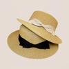 Japanese Style Thin Braid Straw Hat – Women's Fashionable Flat-Top Sun Hat with Large Brim and Double Bow for Spring and Summer.