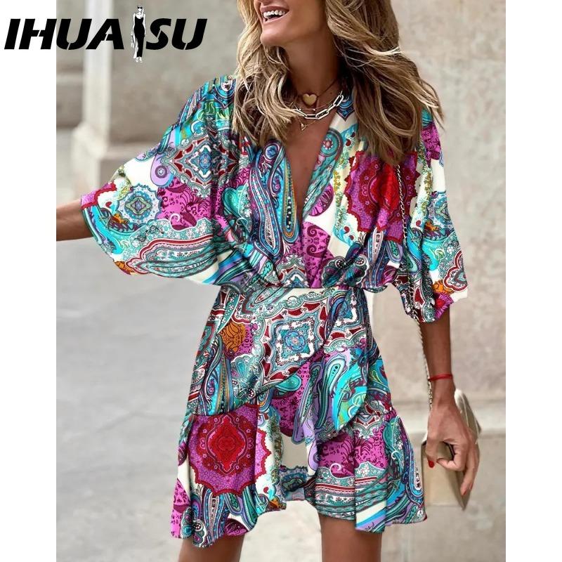 

IHUASU Женская мода Лето Весна Однотонный принт Рукава 3/4 V-образный вырез Завышенная талия Повседневные платья XXXL синий